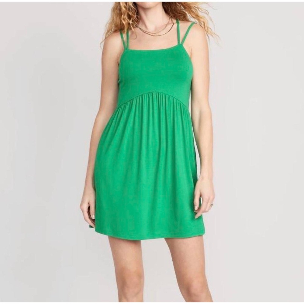 Green Empire Waist Mini Dress Crisscross Strappy Back with Pockets Sleeveless SS